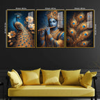 Spiritual Krishna and Peacock Acrylic Wall Décor Painting Set of 3