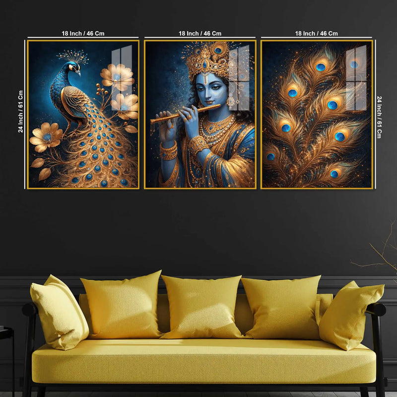 Spiritual Krishna and Peacock Acrylic Wall Décor Painting Set of 3