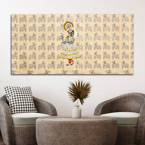 Spiritual Krishna & Gau Mata Pichwai Canvas Wall Painting – Divine Wall Decor