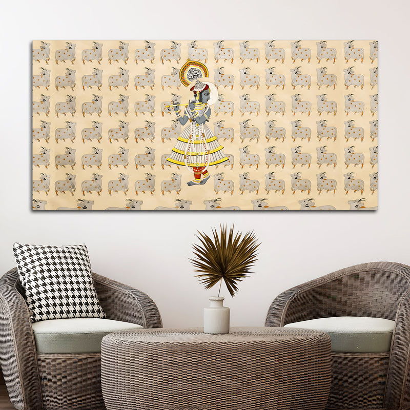 Spiritual Krishna & Gau Mata Pichwai Canvas Wall Painting – Divine Wall Decor