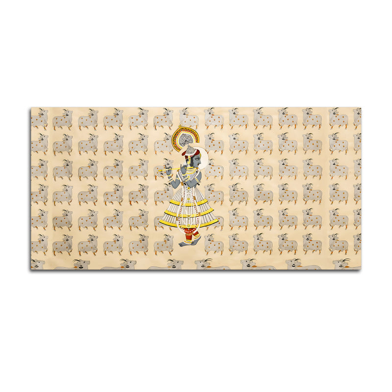 Spiritual Krishna & Gau Mata Pichwai Canvas Wall Painting – Divine Wall Decor