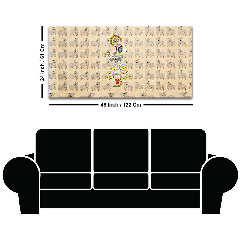 Spiritual Krishna & Gau Mata Pichwai Canvas Wall Painting – Divine Wall Decor