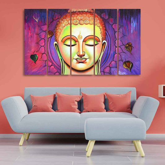 Spiritual Lord Buddha Meditating Wall Painting Five Pieces