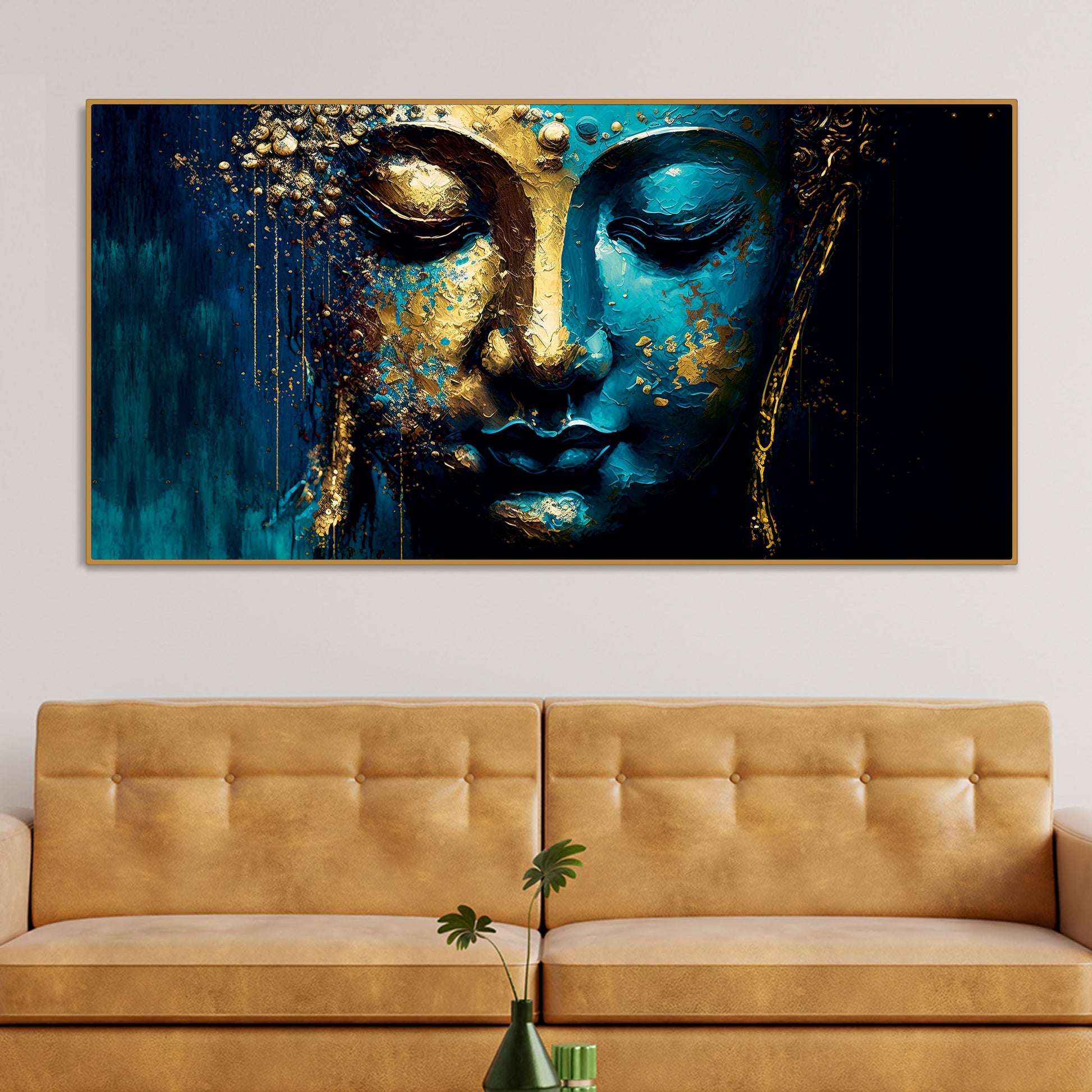 Spiritual Lord Budha face in Golden Canvas Touch Wall Painting