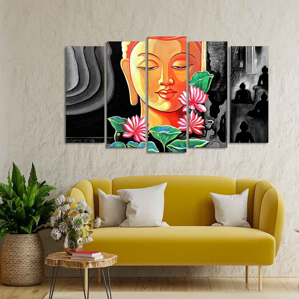 Spiritual Lord Gautam Buddha Wall Painting Set of Five Pieces