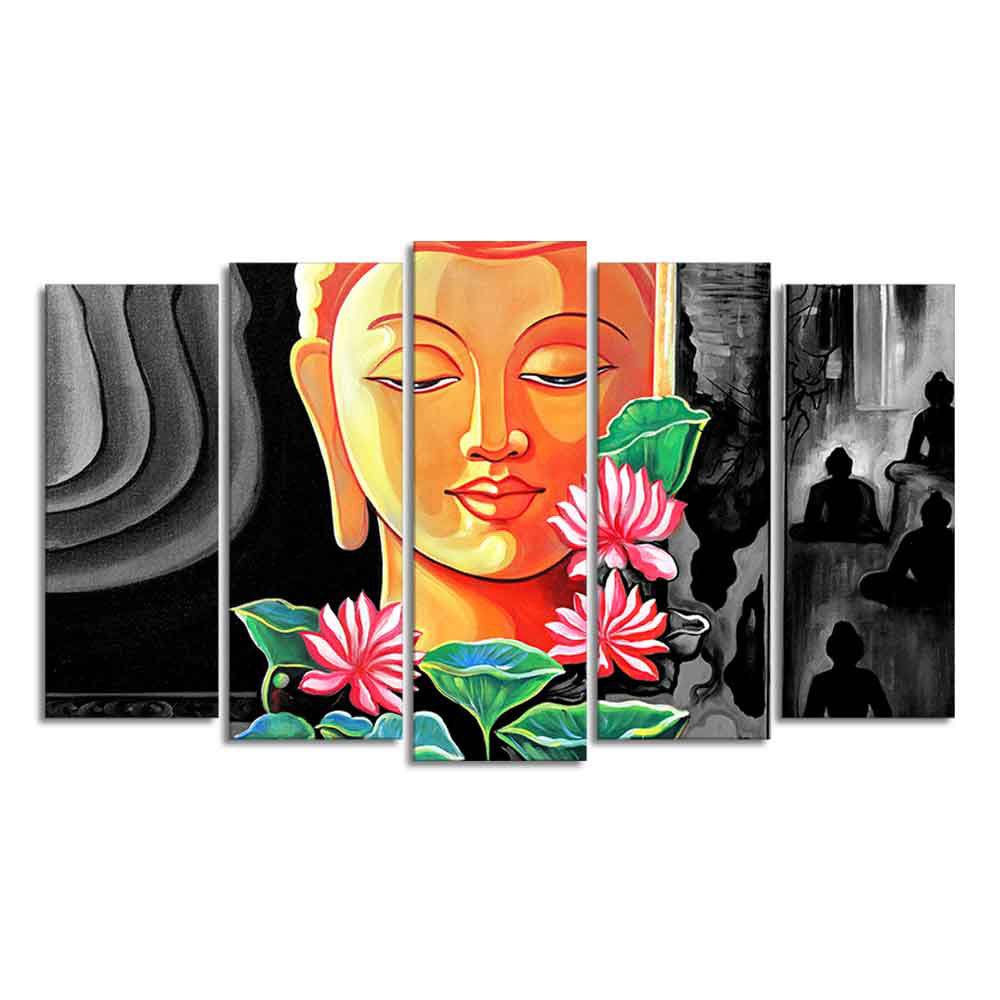 Spiritual Lord Gautam Buddha Wall Painting Set of Five Pieces