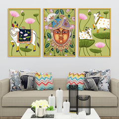 Spiritual Pichwai Canvas Wall Painting Set of Three