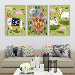 Spiritual Pichwai Canvas Wall Painting Set of Three