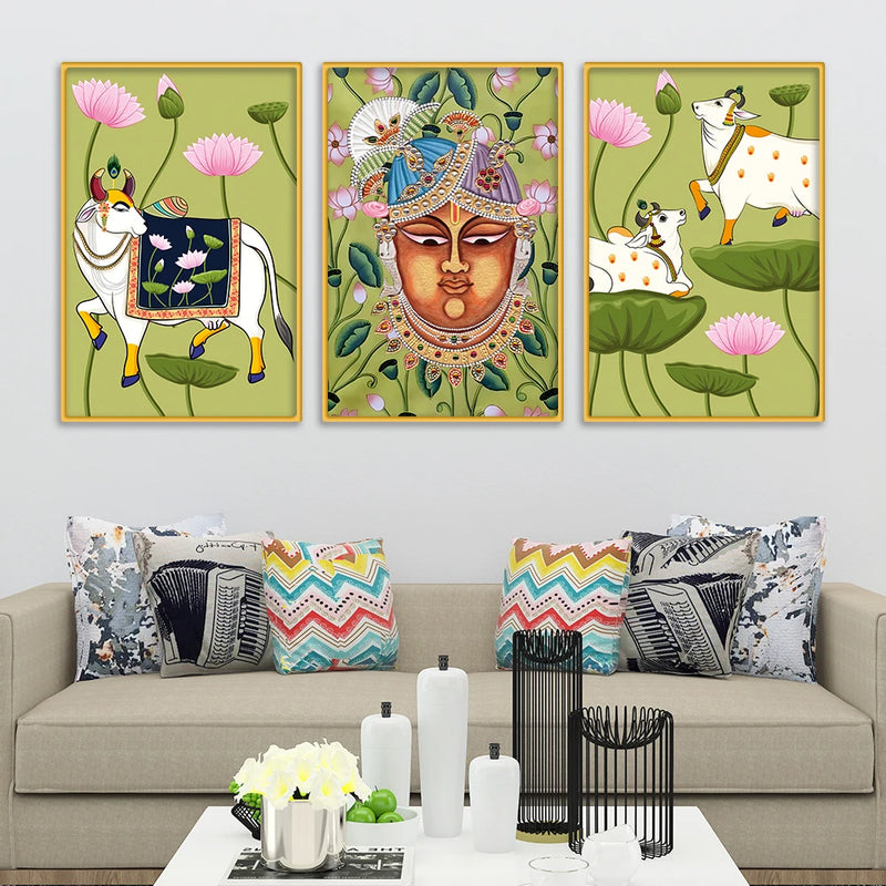 Spiritual Pichwai Canvas Wall Painting Set of Three