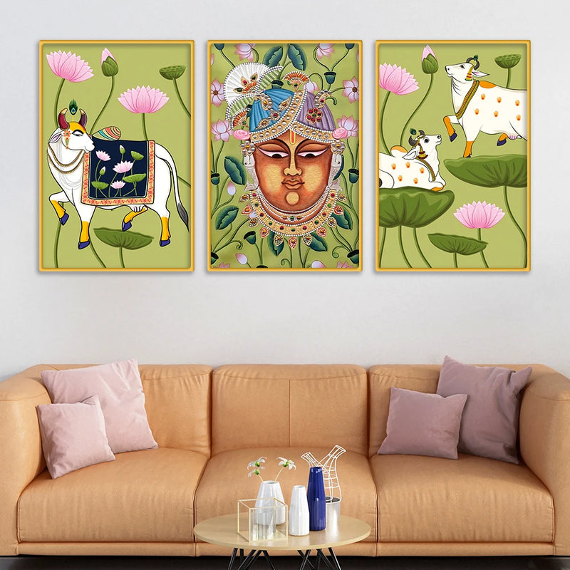 Spiritual Pichwai Canvas Wall Painting Set of Three
