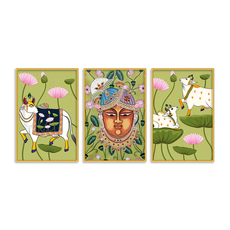 Spiritual Pichwai Canvas Wall Painting Set of Three