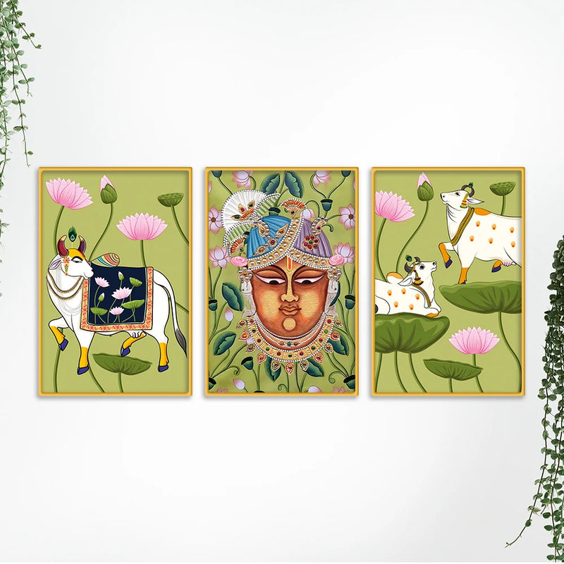 Spiritual Pichwai Canvas Wall Painting Set of Three