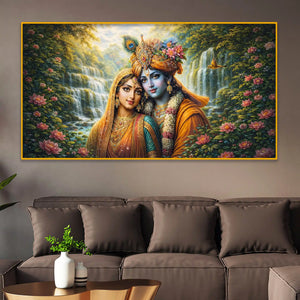 Spiritual Radha Krishna Crystal Glass Wall Art Nature Scene Painting