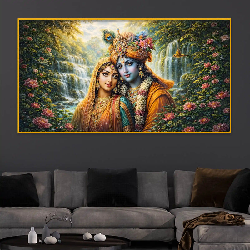 Spiritual Radha Krishna Crystal Glass Wall Art Nature Scene Painting