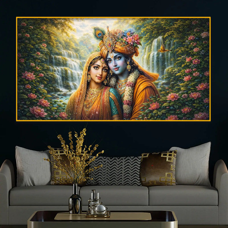 Spiritual Radha Krishna Crystal Glass Wall Art Nature Scene Painting