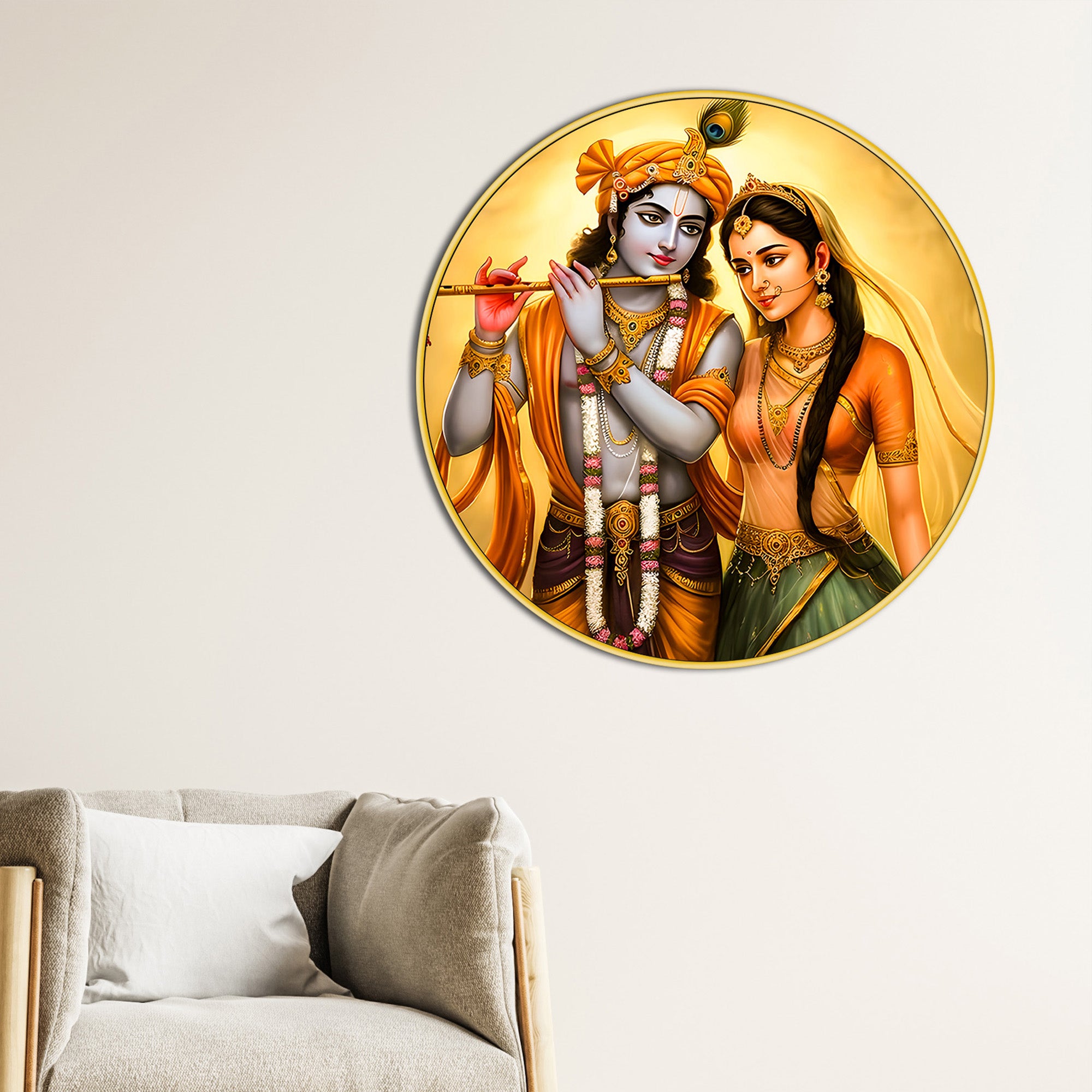 Spiritual Radha Krishna Round Frame Painting Decor