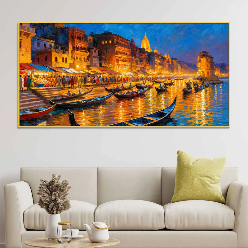Spiritual Varanasi Ghat Canvas Painting for Home and Office Decor