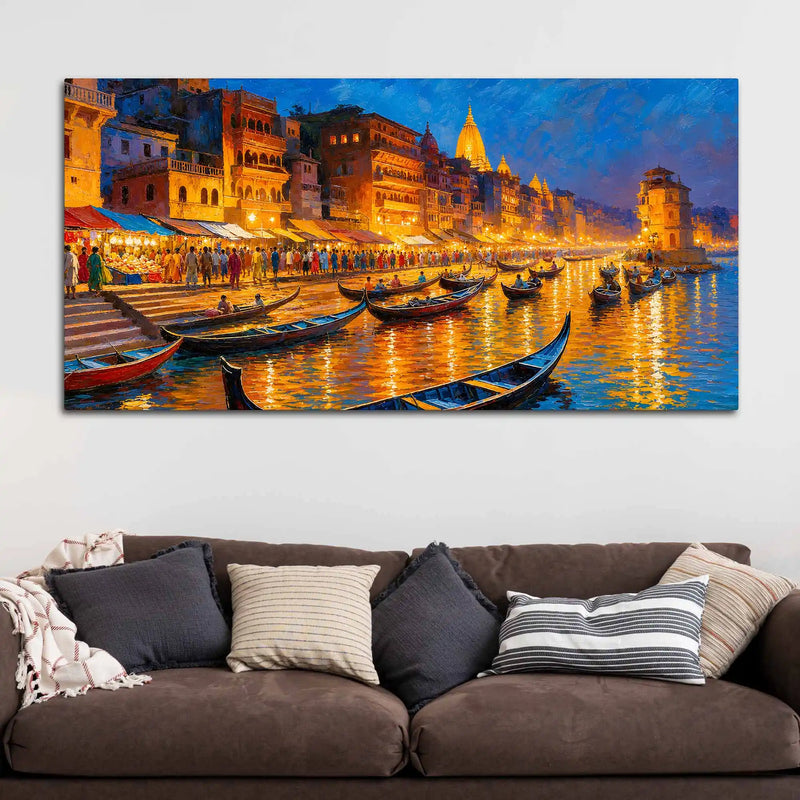 Spiritual Varanasi Ghat Canvas Painting for Home and Office Decor