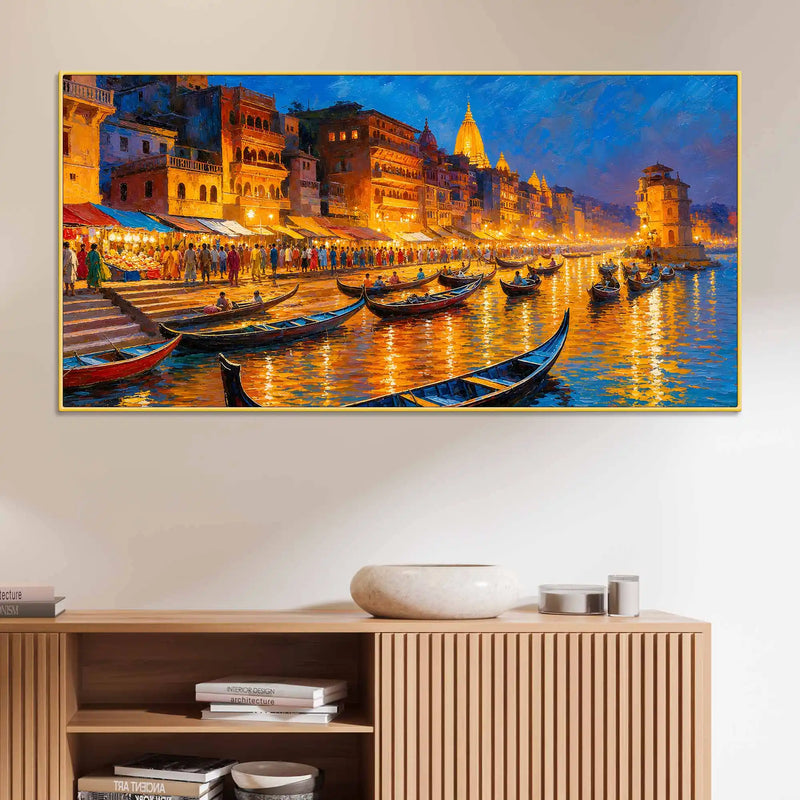 Spiritual Varanasi Ghat Canvas Painting for Home and Office Decor
