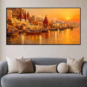 Spiritual Varanasi Sunset Canvas Painting for Home Wall Décor