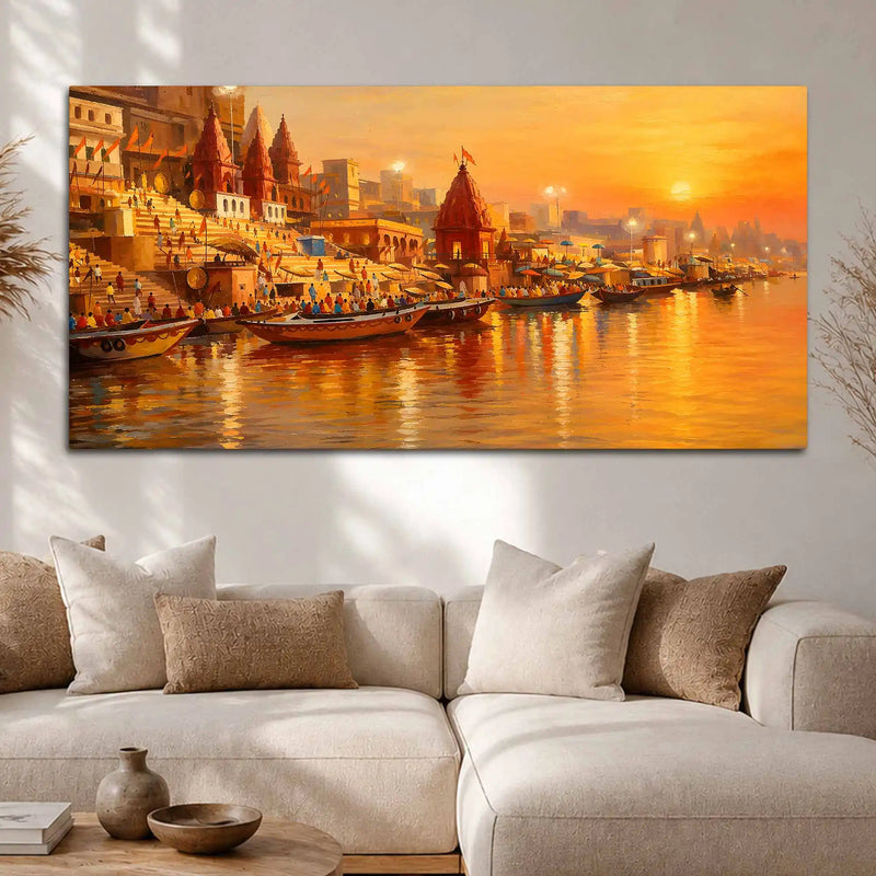 Spiritual Varanasi Sunset Canvas Painting for Home Wall Décor