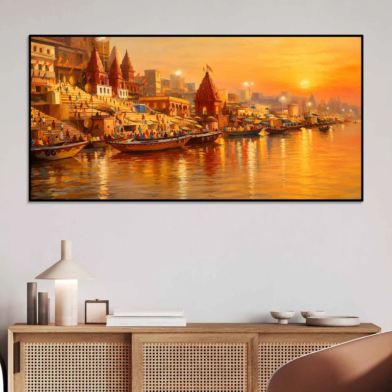 Spiritual Varanasi Sunset Canvas Painting for Home Wall Décor