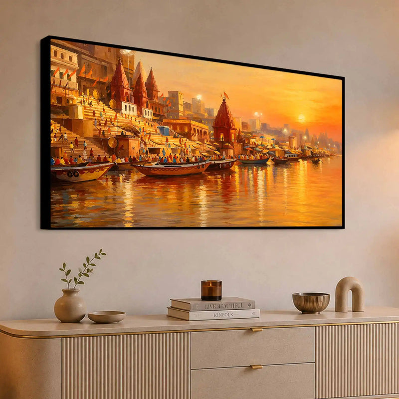 Spiritual Varanasi Sunset Canvas Painting for Home Wall Décor