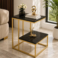 Square Geometric Elegant Golden Metal Finish Side Table with Black Marble