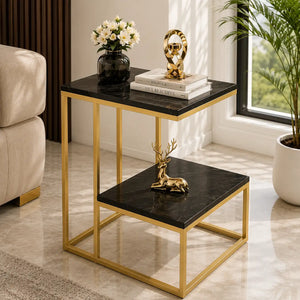 Square Geometric Elegant Golden Metal Finish Side Table with Black Marble