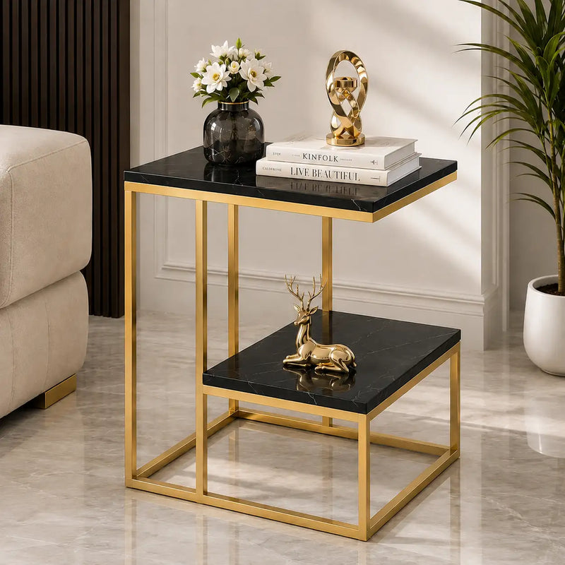 Square Geometric Elegant Golden Metal Finish Side Table with Black Marble