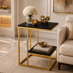 Square Geometric Elegant Golden Metal Finish Side Table with Black Marble