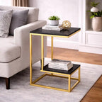 Square Geometric Elegant Golden Metal Finish Side Table with Black Marble