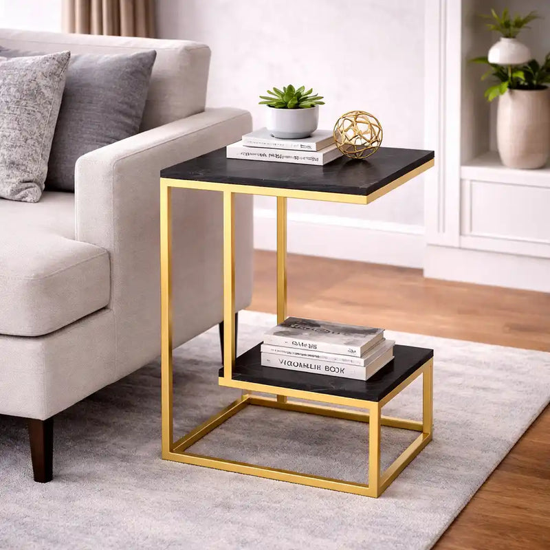 Square Geometric Elegant Golden Metal Finish Side Table with Black Marble
