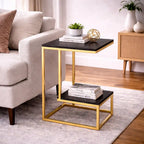 Square Geometric Elegant Golden Metal Finish Side Table with Black Marble