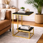 Square Geometric Elegant Golden Metal Finish Side Table with Black Marble