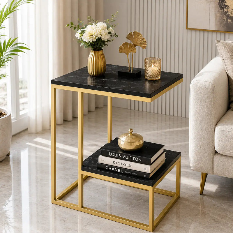 Square Geometric Elegant Golden Metal Finish Side Table with Black Marble