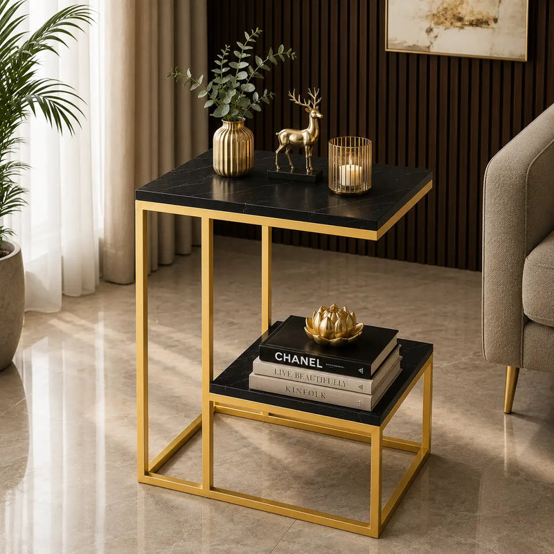 Square Geometric Elegant Golden Metal Finish Side Table with Black Marble