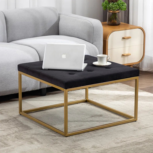 Square Shaped Black Velvet Ottoman with Golden Metal Finish