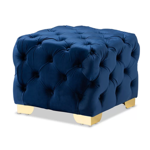 Square Shaped Royal Blue Velvet Ottoman with Golden Metal Finish