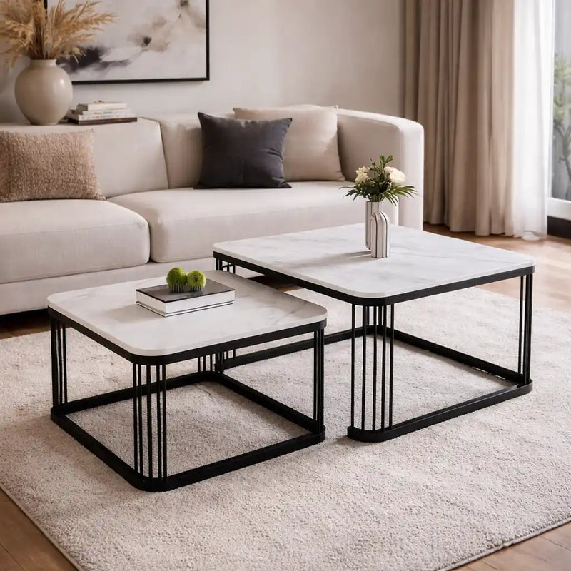 Square Tethered Metallic Marble Table Set of 2