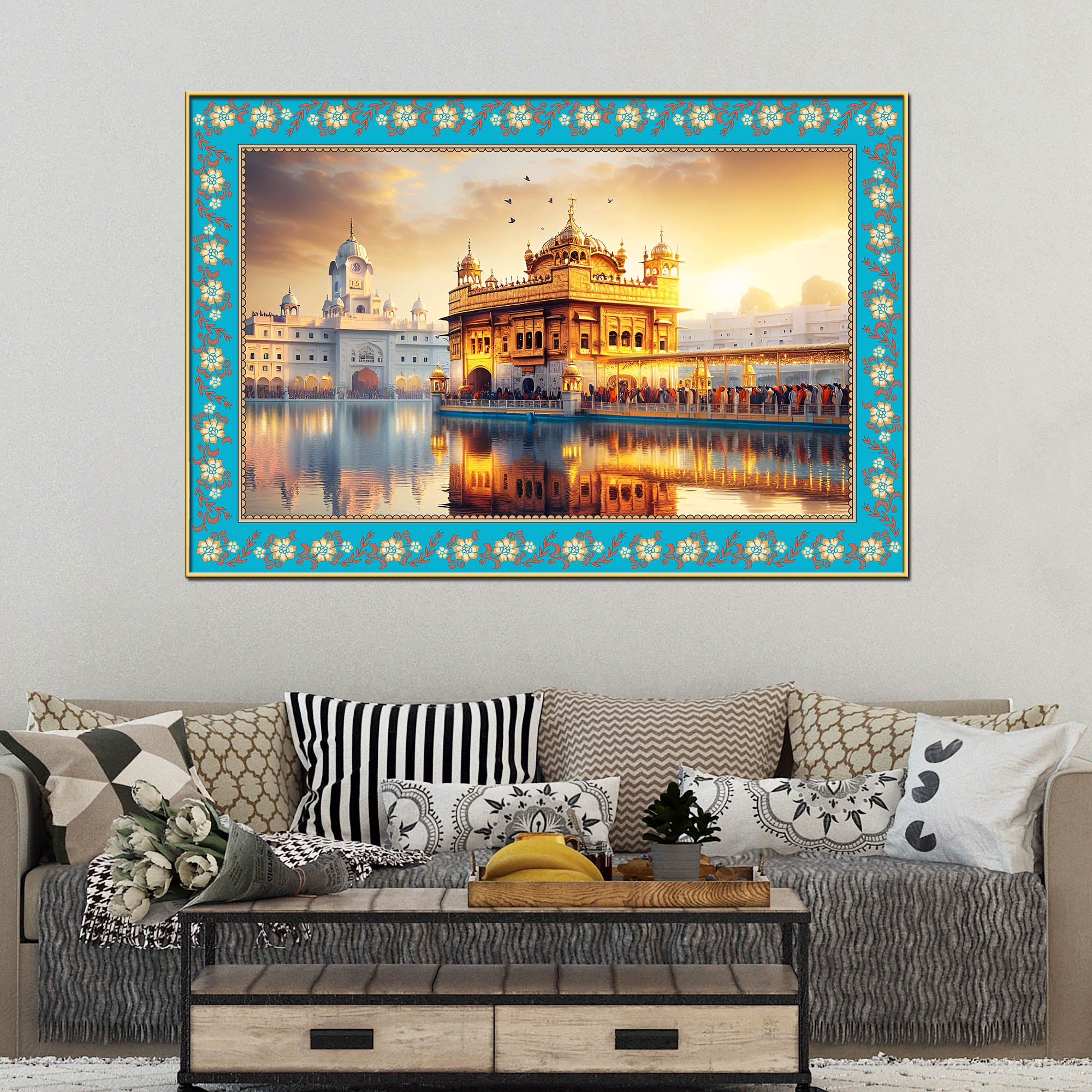 Sri Harmandir Sahib Gurdwara Floral Border Canvas Wall Painting