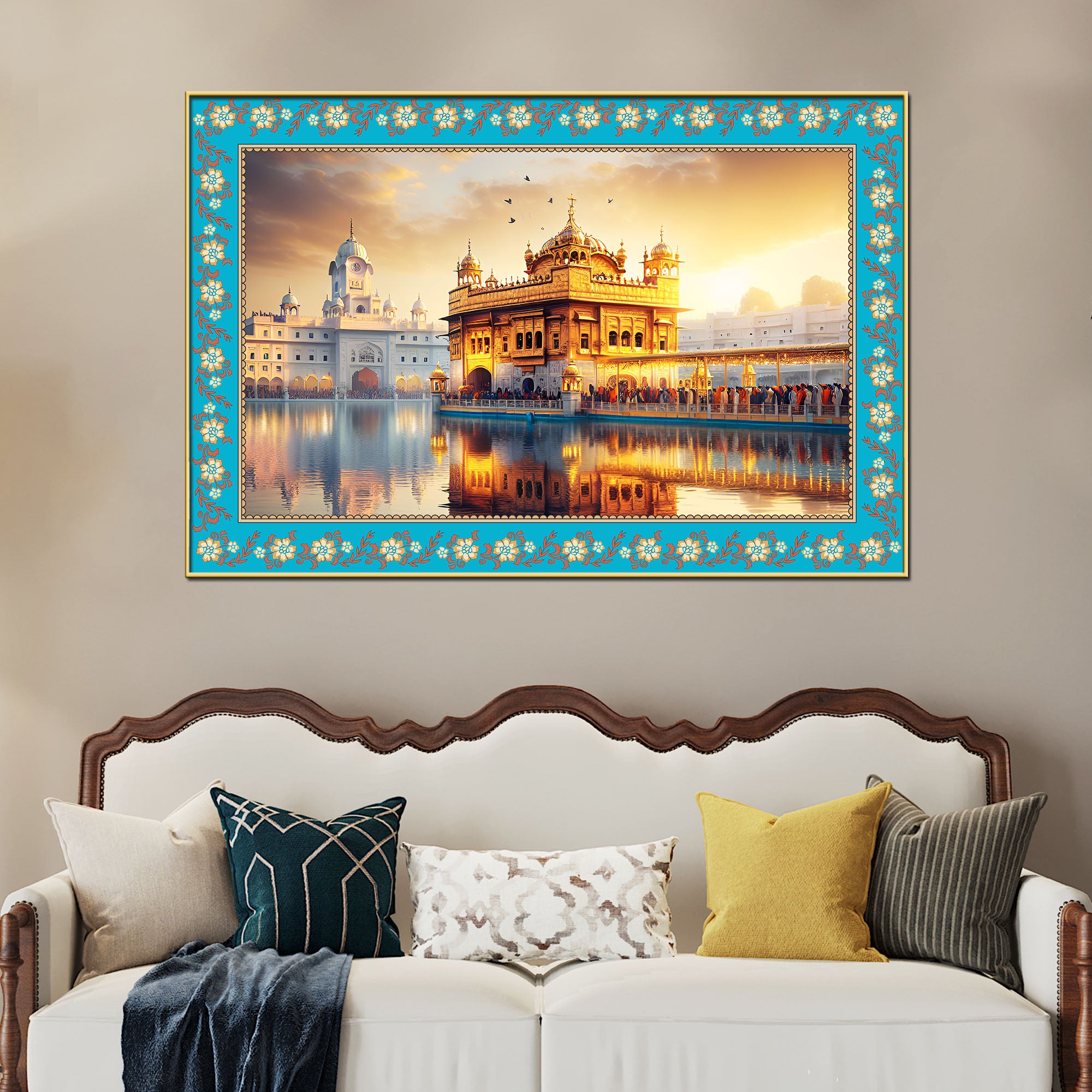 Sri Harmandir Sahib Gurdwara Floral Border Canvas Wall Painting