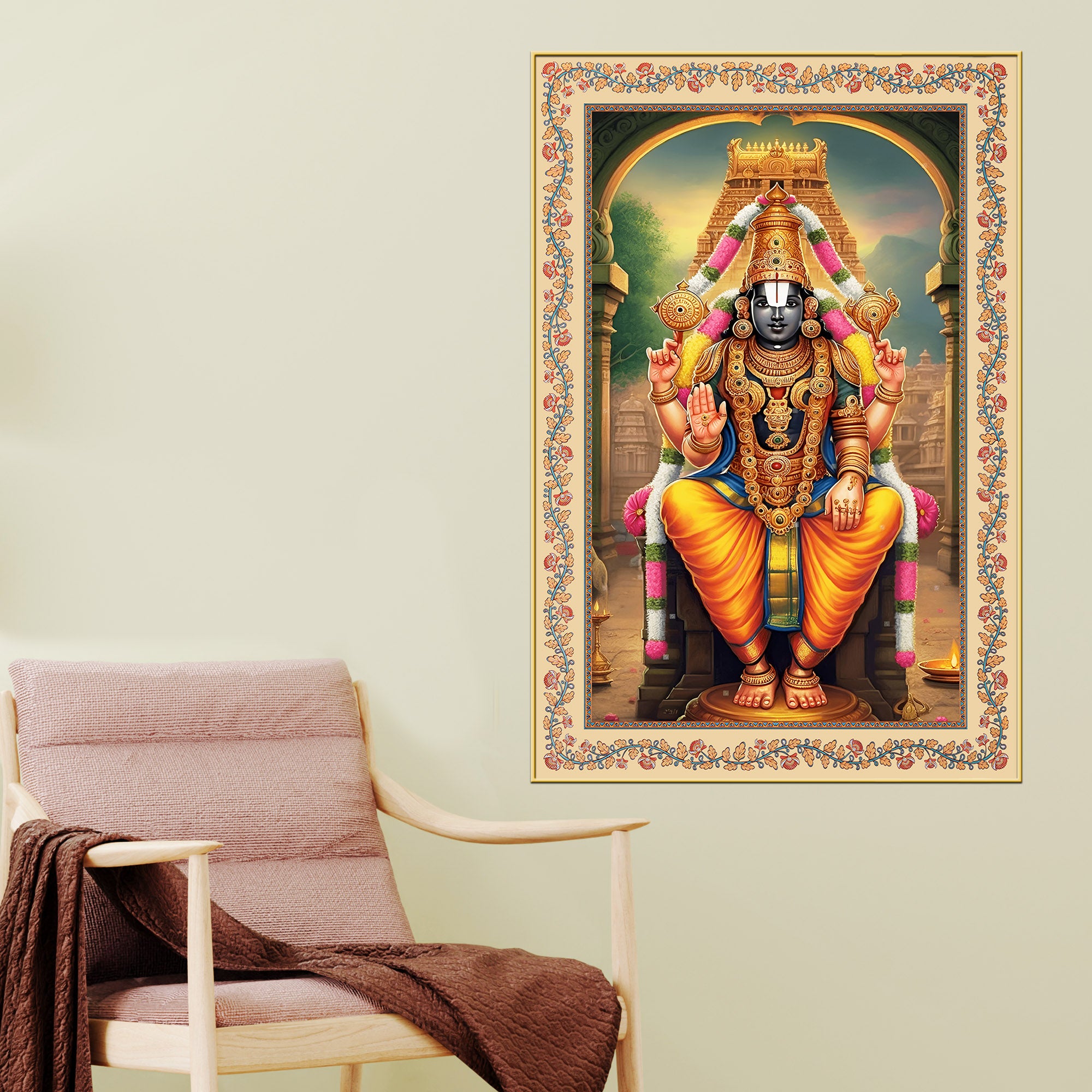 Sri Tirupati Balaji Floral Border Vertical Canvas Wall Painting