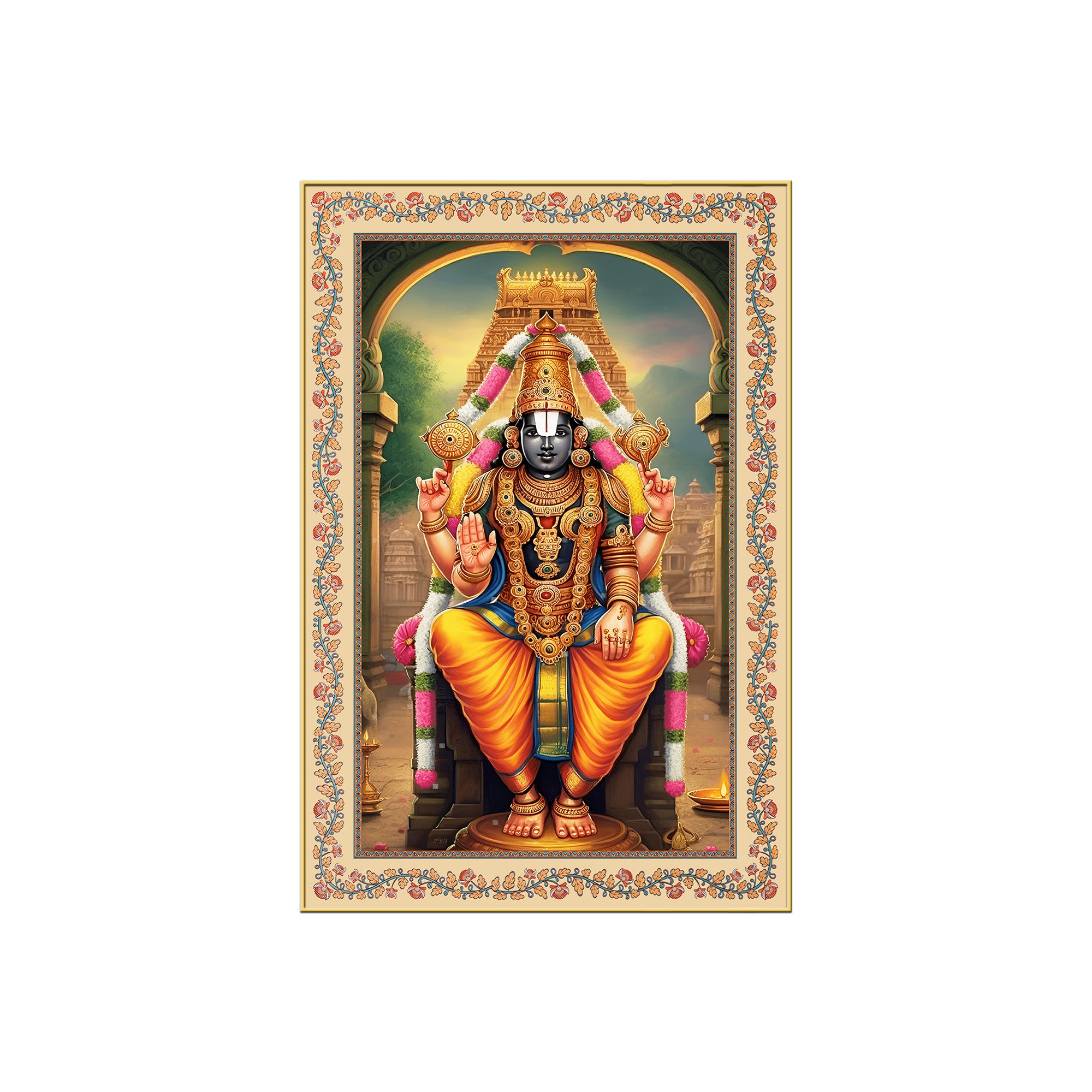 Sri Tirupati Balaji Floral Border Vertical Canvas Wall Painting