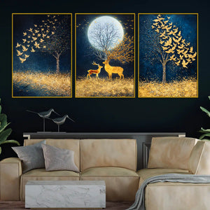 starry-night-sky-birds-deer-under-full-moon-floating-frame-crystal-wall-painting-set-of-3