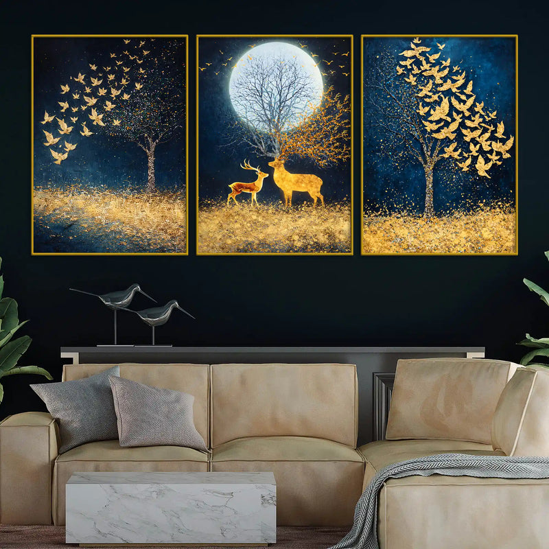 starry-night-sky-birds-deer-under-full-moon-floating-frame-crystal-wall-painting-set-of-3