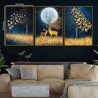 Starry Night Sky Birds & Deer Under Full Moon Floating Frame Crystal Wall Painting Set of 3