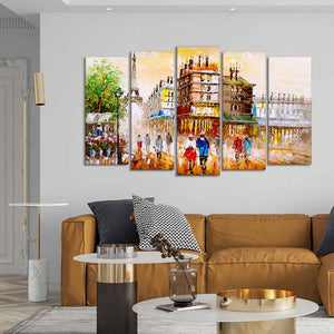 Street View of Paris Premium Canvas Wall Painting Set of Five Pieces