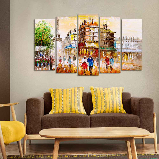 Street View of Paris Premium Canvas Wall Painting Set of Five Pieces