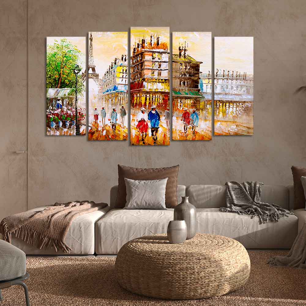 Street View of Paris Premium Canvas Wall Painting Set of Five Pieces